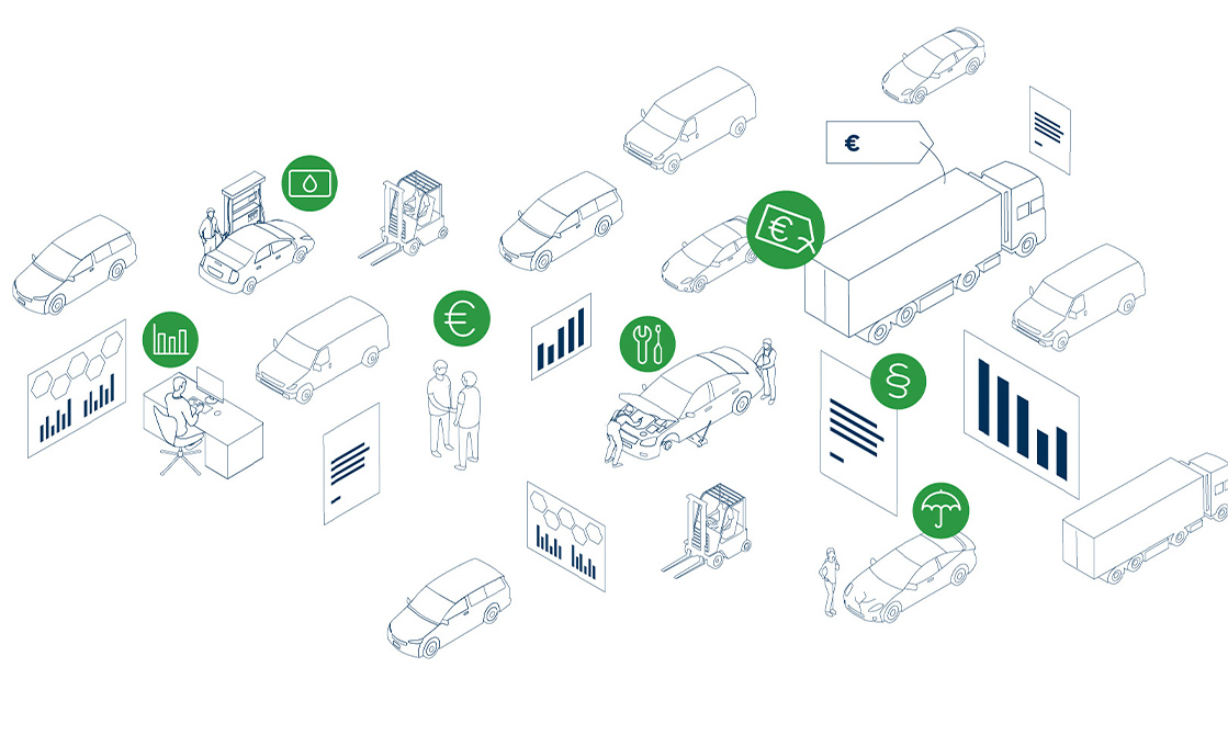 a line drawing of cars and trucks