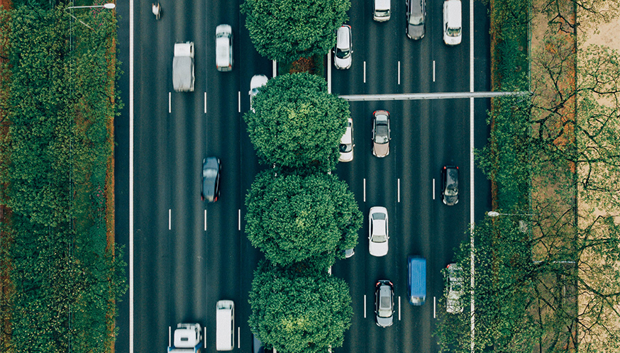 a road with many cars and trees