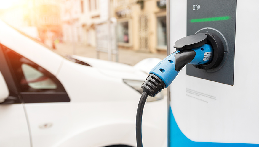 a blue and white electric vehicle charging station