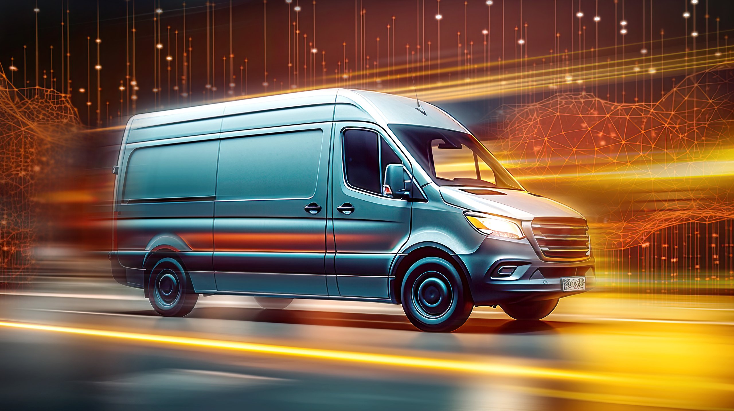 a grey van driving on a road