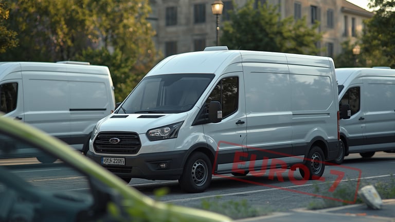 Van fleet in a parking lot with a Euro 7 designation, symbolizing new emissions regulations and future fleet management strategies.
