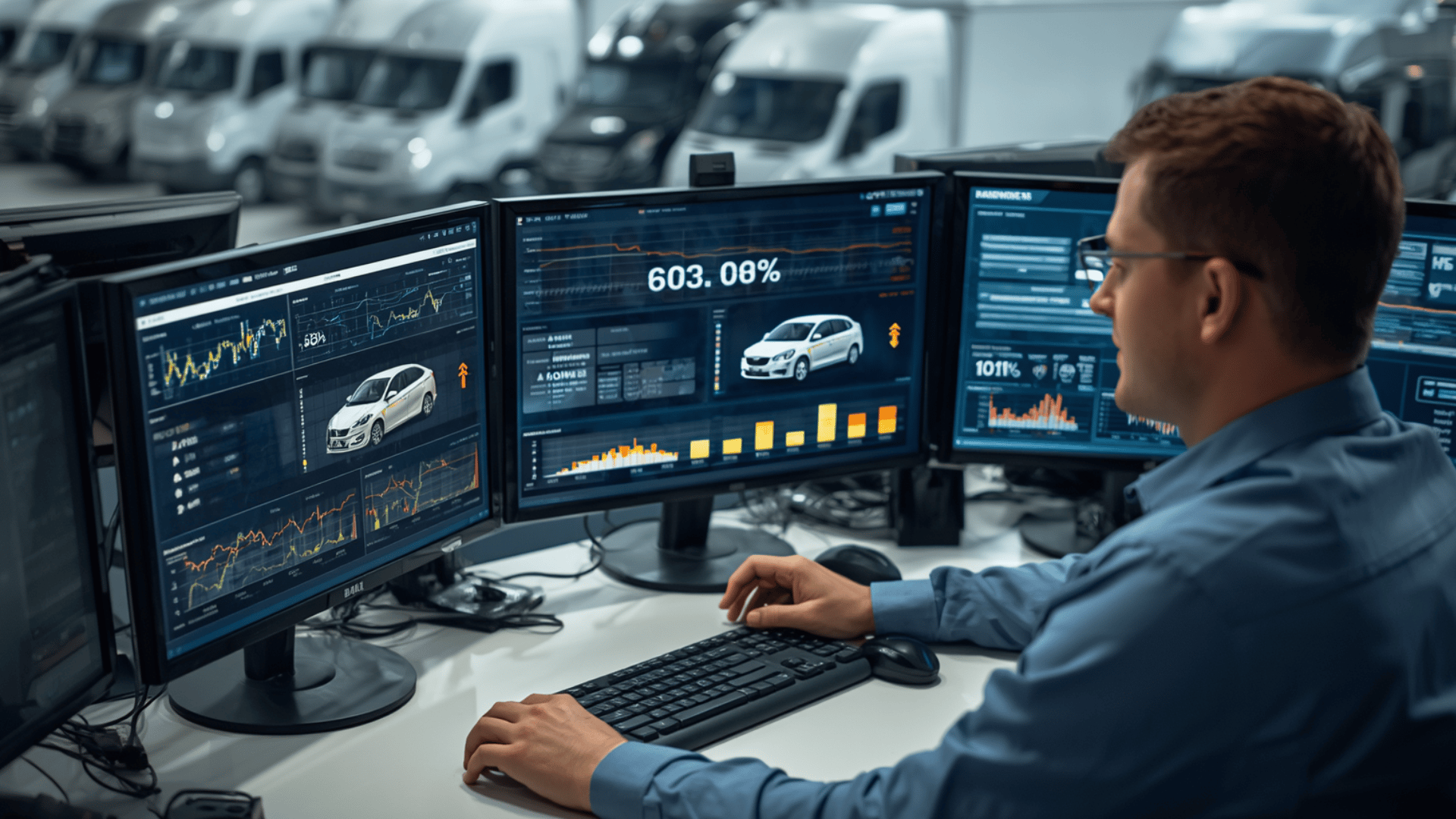 Fleet manager analyzing vehicle performance, fleet costs, and operational data on multiple monitoring dashboards in a commercial fleet environment.