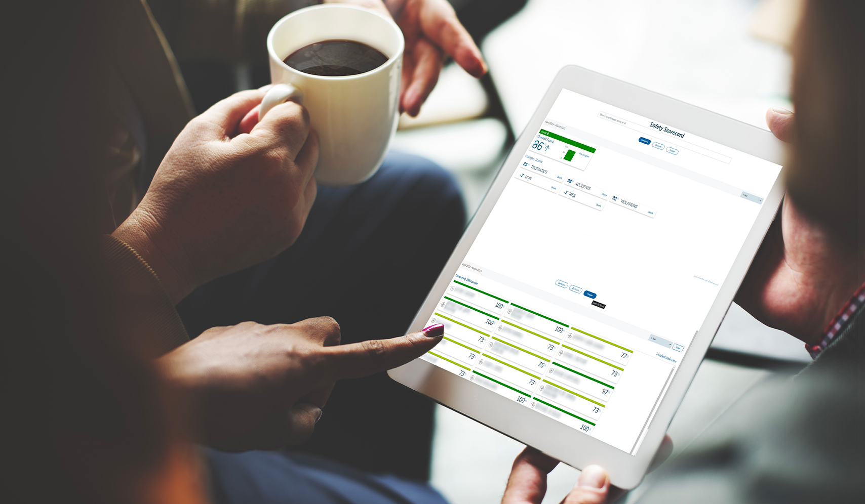 a person holding a cup of coffee and a tablet