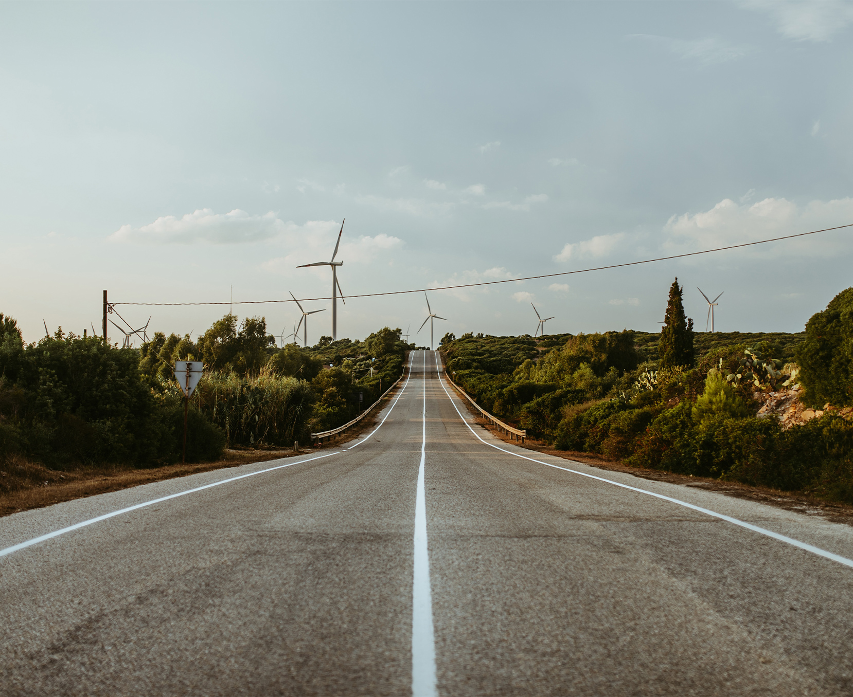 a road with trees and wind turbines