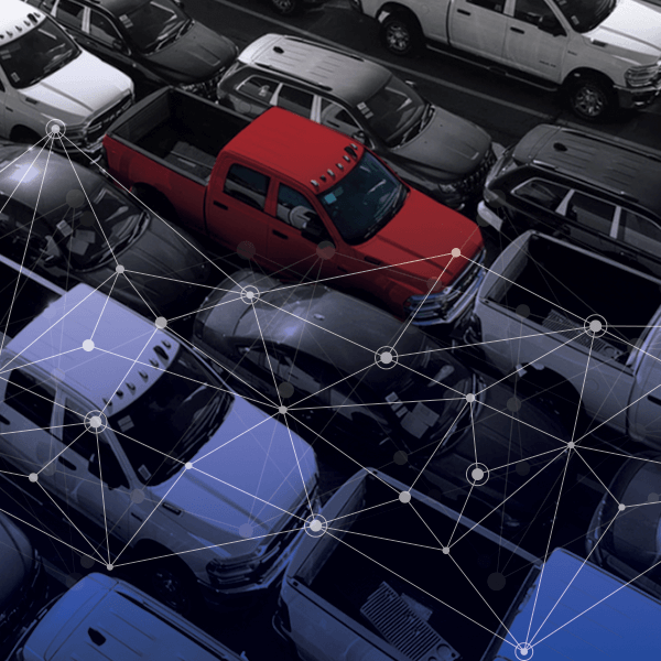 a red truck in a parking lot