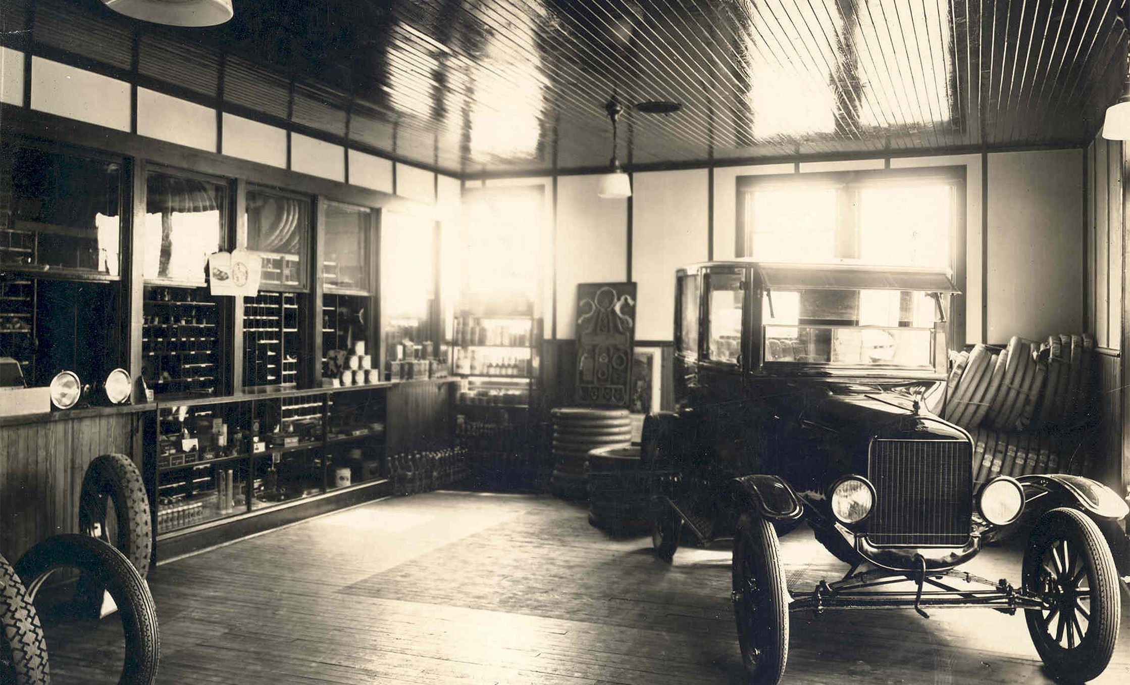 an old car in a garage