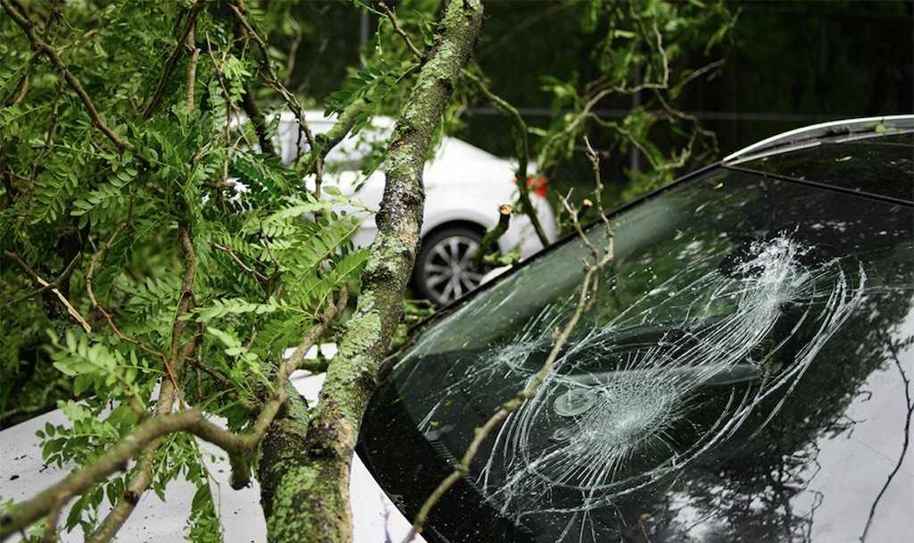 a broken windshield of a car