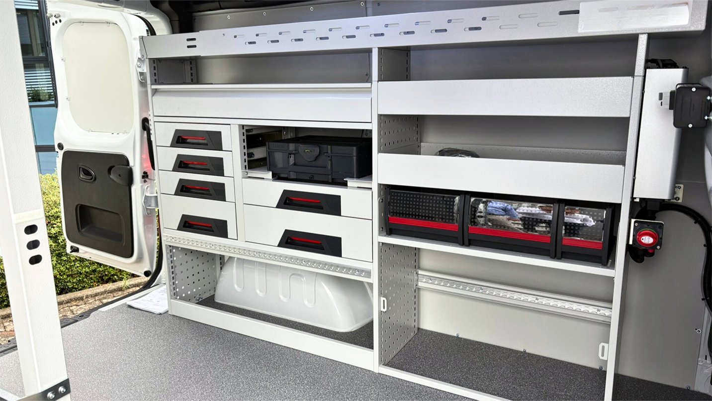 inside of an upfitted work van.