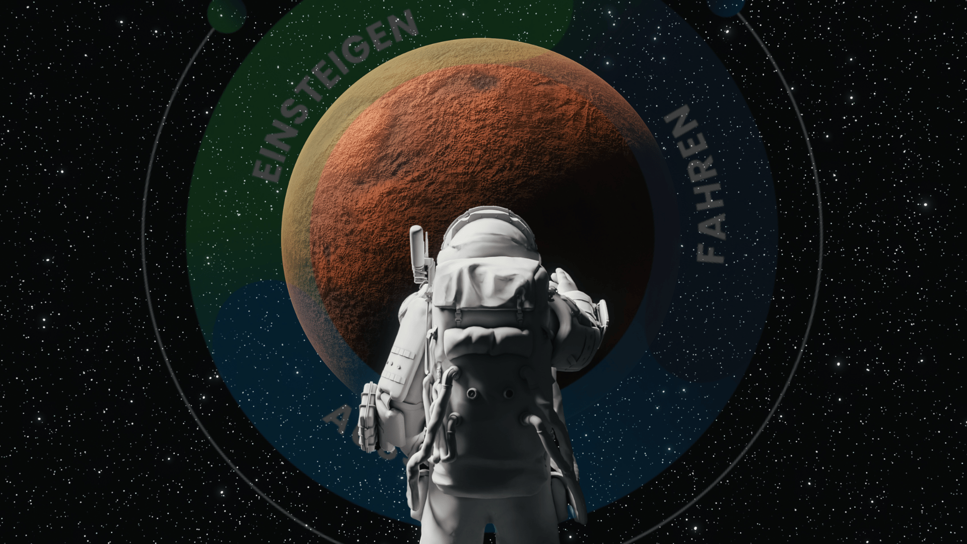 Astronaut in Raumanzug blickt im Weltraum auf einen Himmelskörper, umgeben von Sternen und dem Schriftzug „Einsteigen · Fahren · Aussteigen“ – Symbolbild für Reise, Fortschritt und Zukunft.