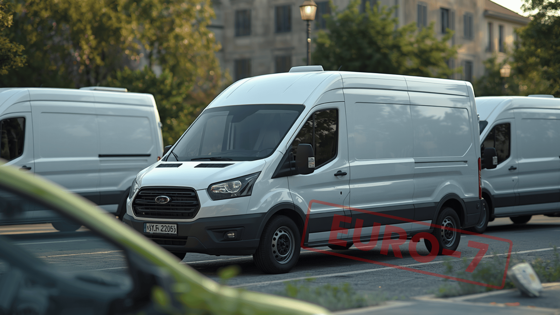 Mehrere leichte Nutzfahrzeuge auf einem Firmenparkplatz, symbolisch für die Einführung der Euro-7-Abgasnorm und deren Auswirkungen auf Fuhrparks.