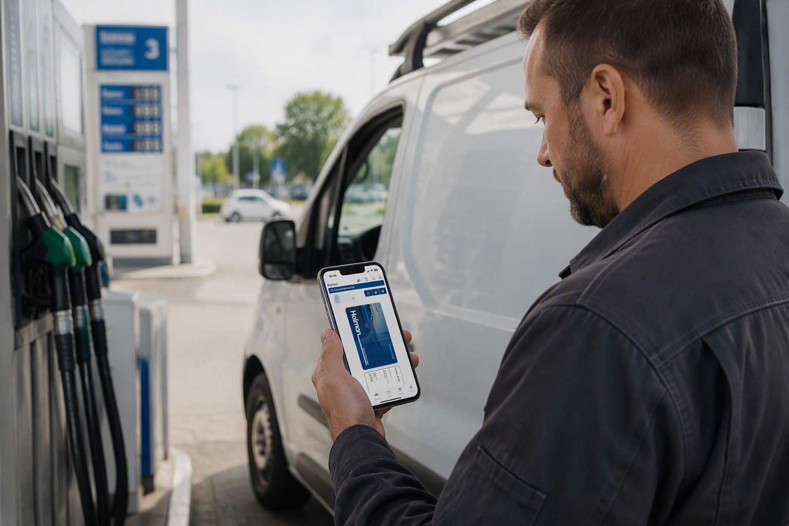 Fahrer nutzt die Holman Driver Insights App an einer Tankstelle, um die digitale Tankkarte auf dem Smartphone für das Betanken eines Transporters aufzurufen.