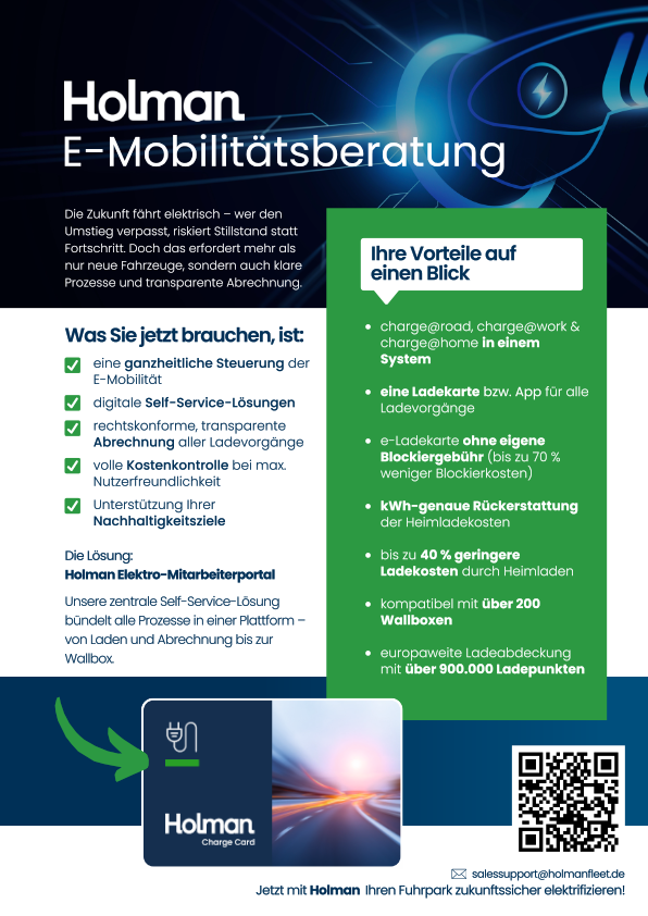 One-Pager zur Elektromobilität im Fuhrparkmanagement mit Lösungen für Laden, Abrechnung, Wallboxen und Kostenkontrolle.