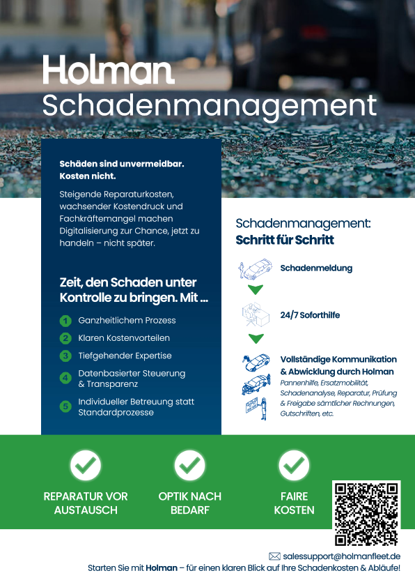 Schadenmanagement im Fuhrpark von Holman: Kompakter Onepager zu Schadenabwicklung, Reparaturmanagement und Kostenoptimierung.