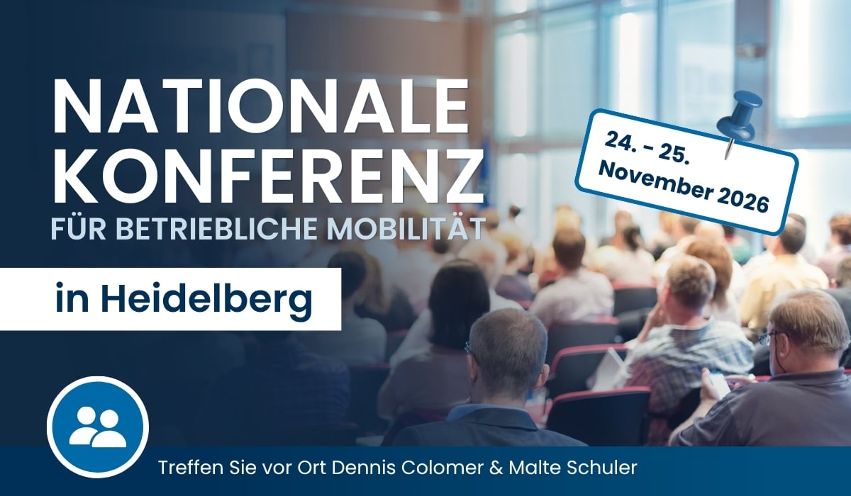 Nationale Konferenz für betriebliche Mobilität am 24. und 25. November 2026. Holman ist vor Ort und bietet die Möglichkeit zum persönlichen Austausch mit Dennis Colomer und Malte Schuler zu aktuellen Themen rund um Fuhrparkmanagement und betriebliche Mobilität.