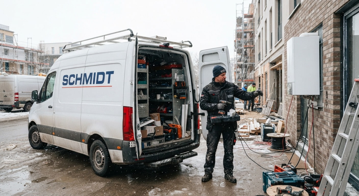 Servicefahrzeug mit Werkzeugausstattung bei Arbeiten an einem Gebäude im Winter