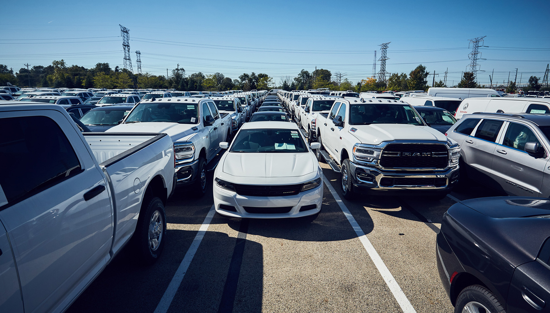 a group of white pickup trucks in a parking lot