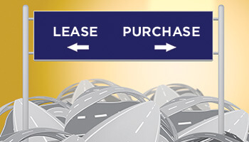 A sign with leasing pointing to the left and purchasing poiting to the right