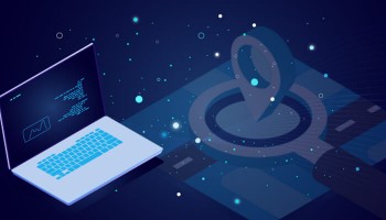 A laptop with a magnifying glass and location pin