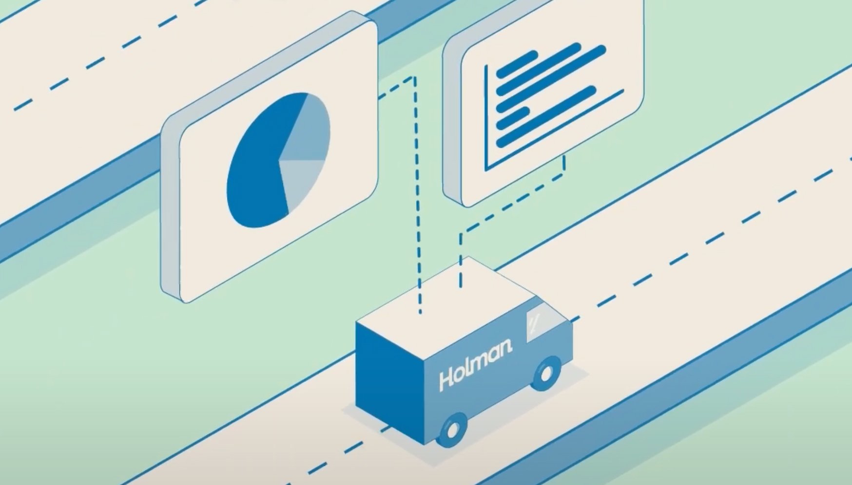 a blue truck on a road with a pie chart and diagram