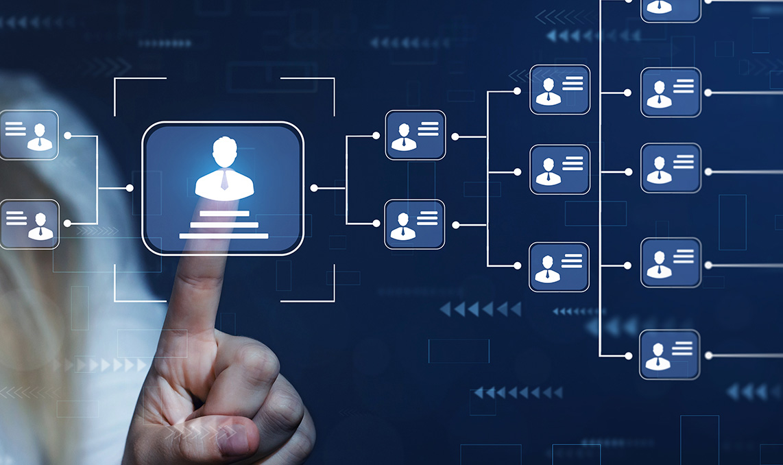 a woman is pointing at a person on a blue background.