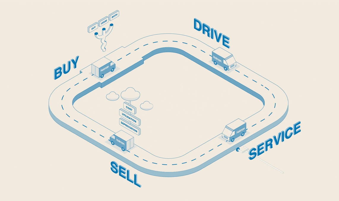 a blue and white illustration of a road with trucks and words