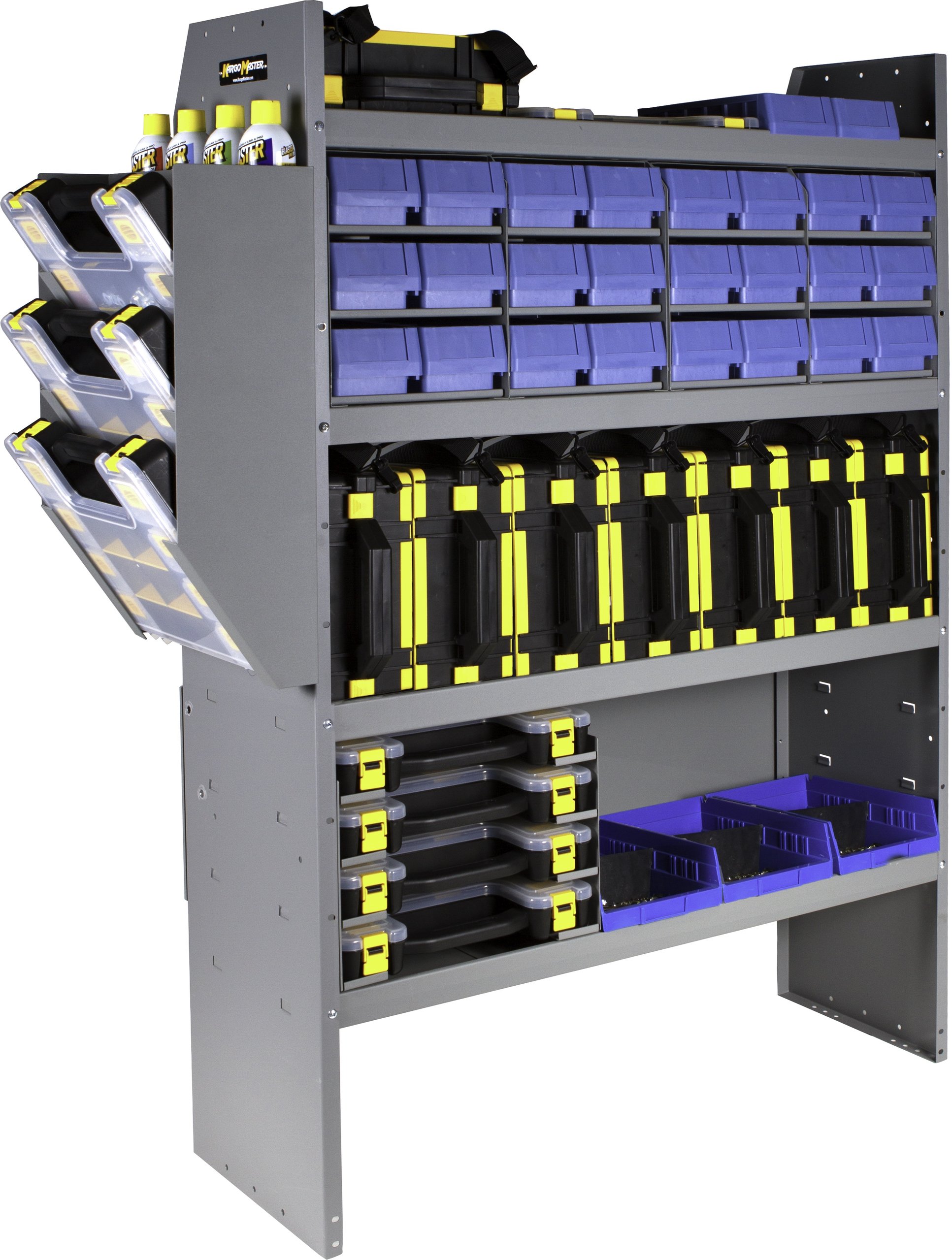 Shelf full of tool boxes