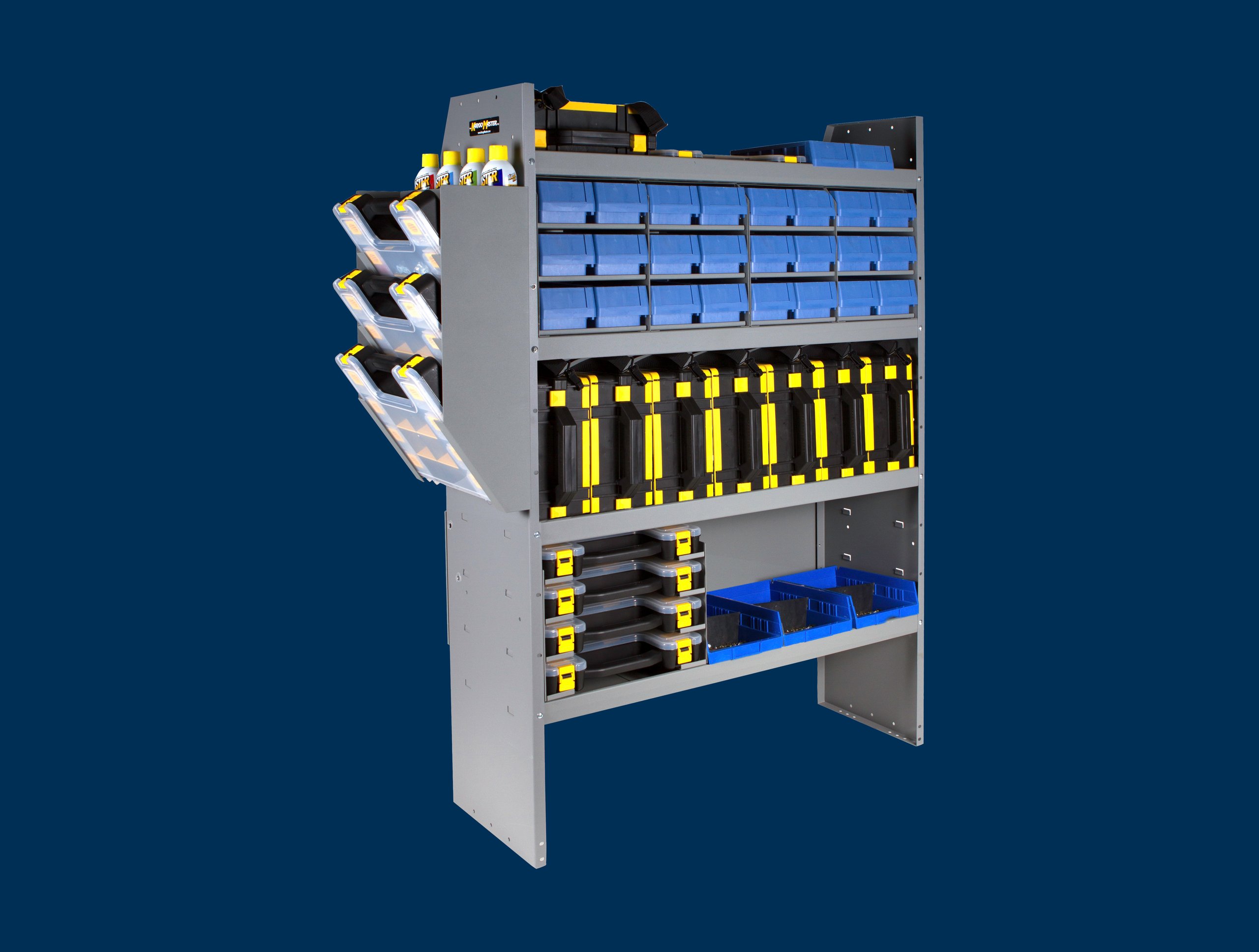 Shelf full of tool box with blue background