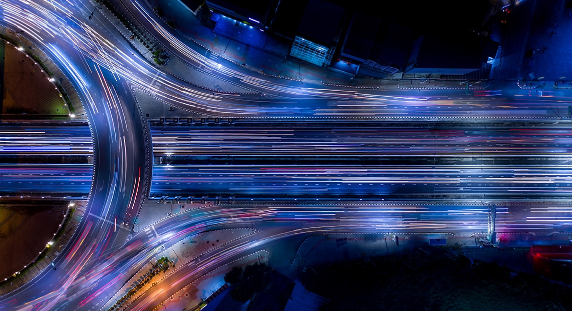 aerial view of a highway at night