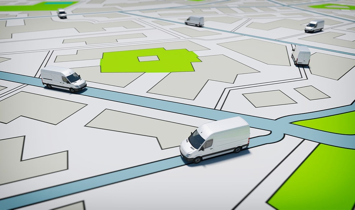 a white van and a green map