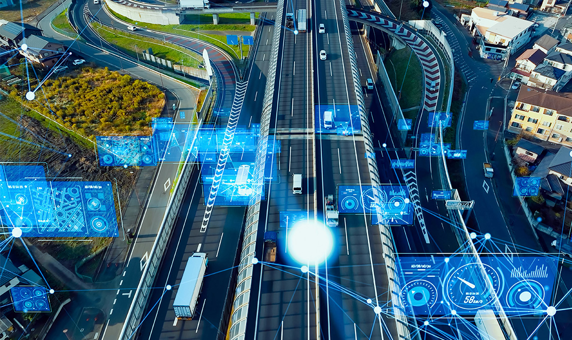 a highway with cars and blue icons