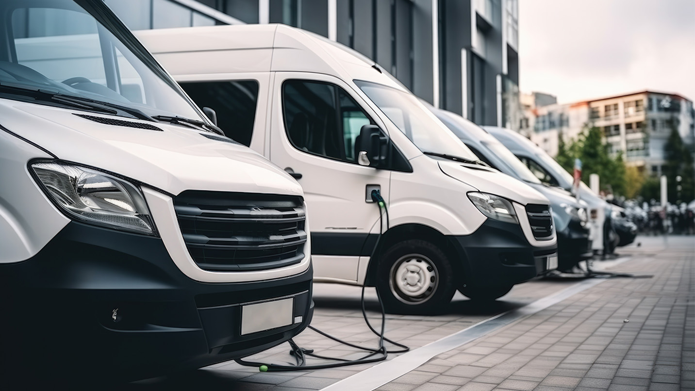 A row of white fleet vans parked on pavers, plugged into car chargers.