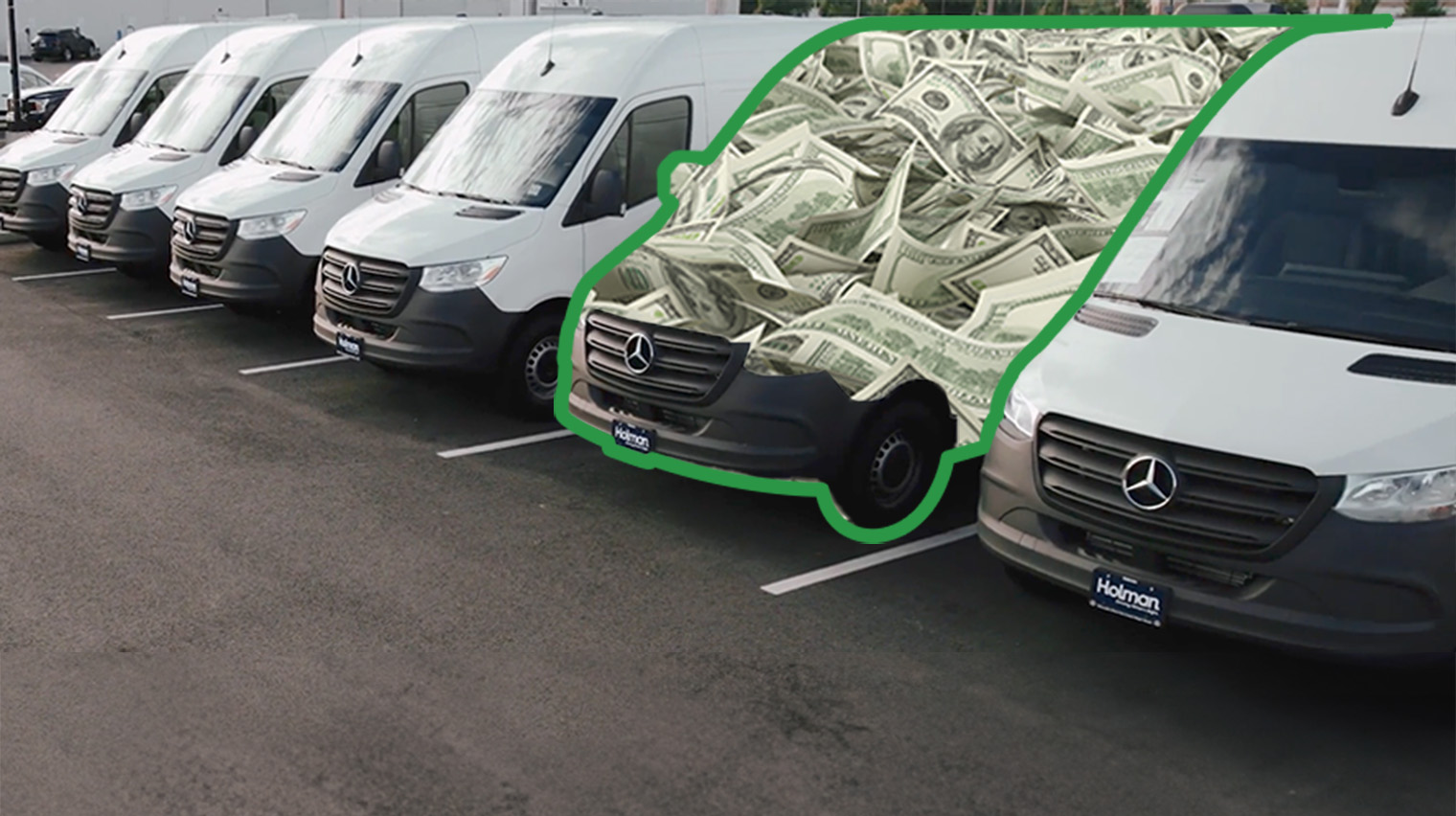 a group of white vans and money