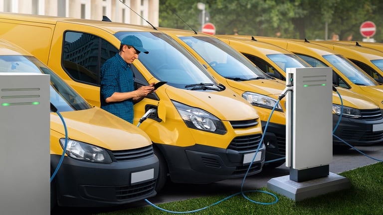 A row of electric yellow vans parked at charging stations.