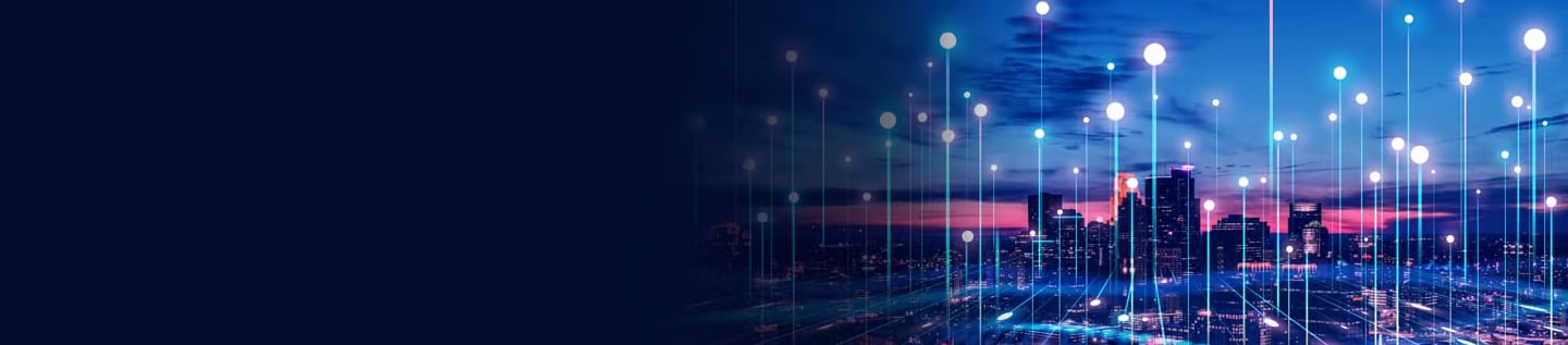 a city with graphics of digital interconnectivity