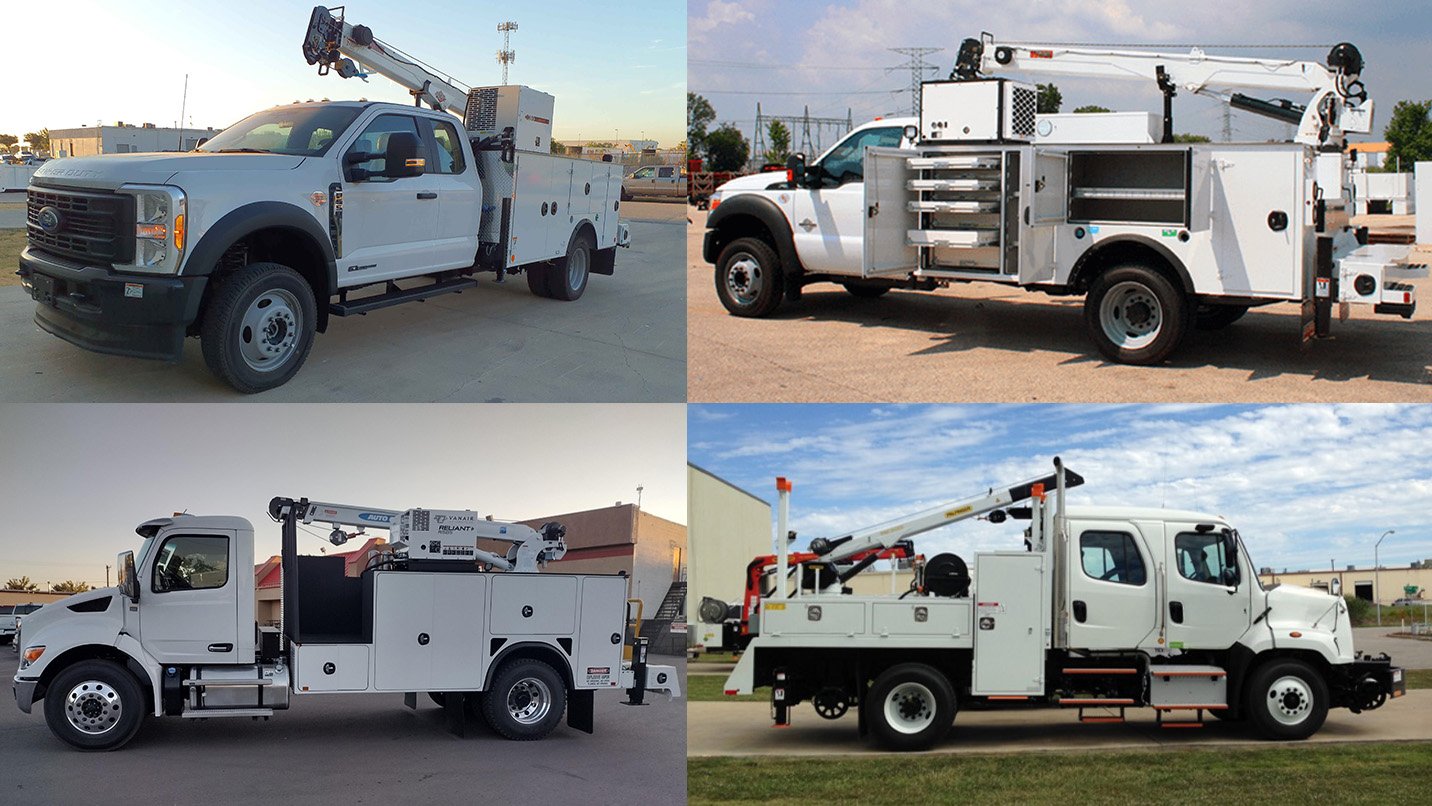 a collage of white work trucks