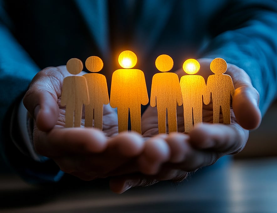 a person holding a group of wooden human figures
