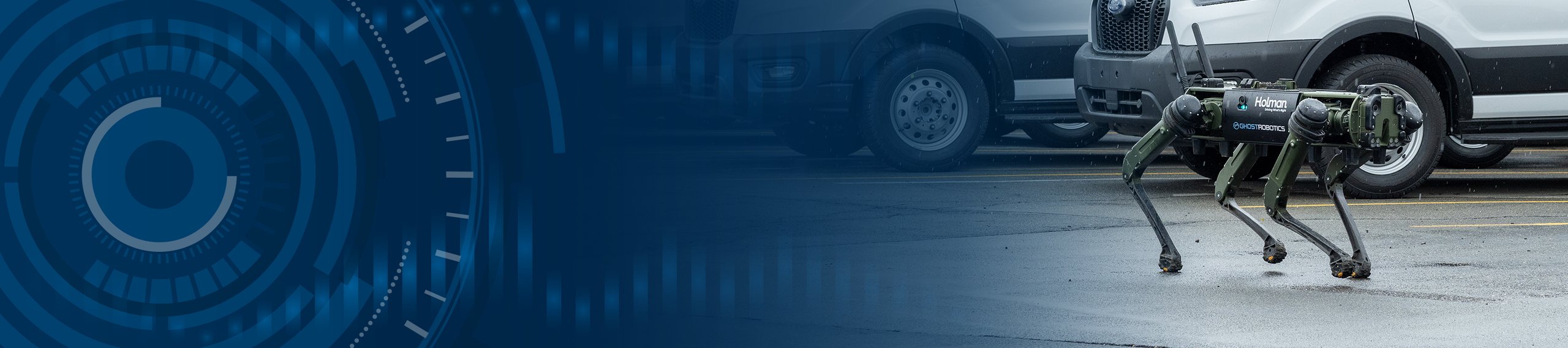 Robot dog running in parking lot