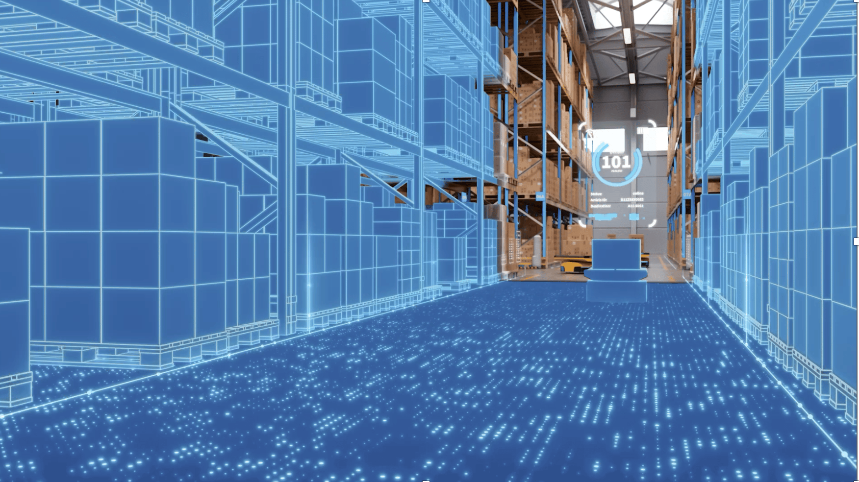 Warehouse with digital blueprint overlay