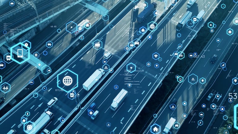 Digital network over busy highway scene