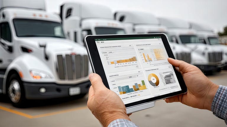 Tablet displaying data near trucks.
