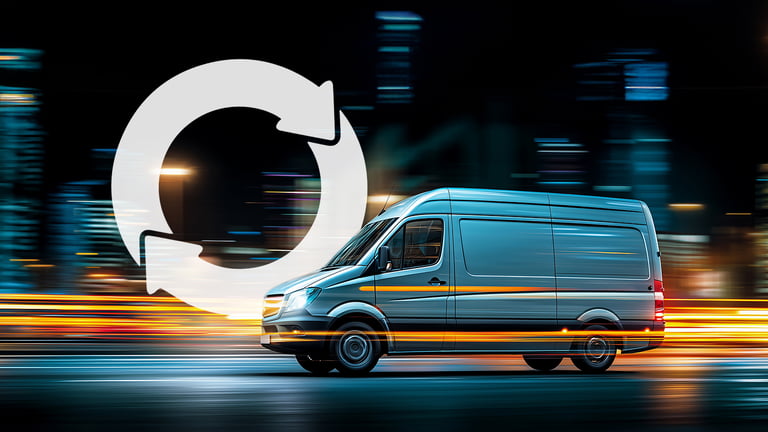Van in motion with city lights