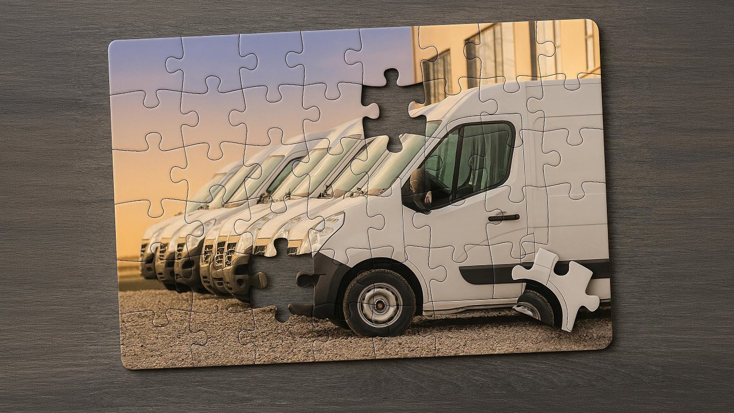 Puzzle of white delivery vans.