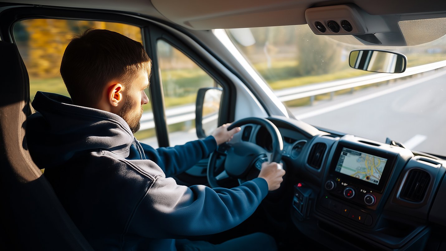 Driver focused on navigating a road