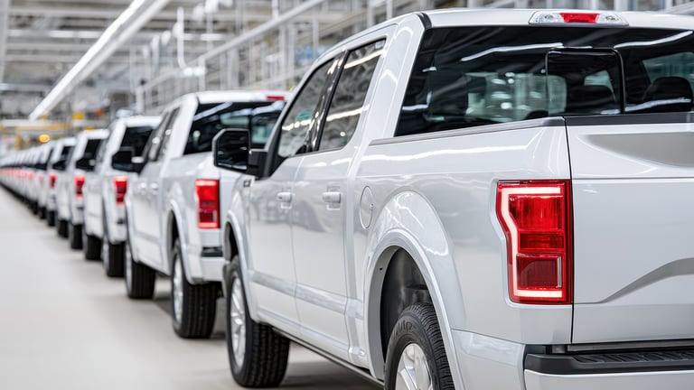 Row of white pickup trucks in factory