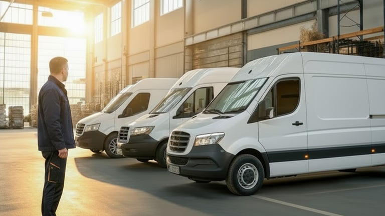 Man observing parked delivery vans.