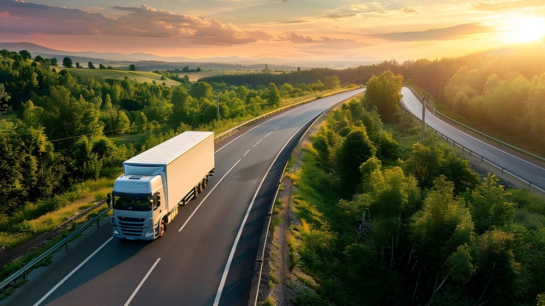 Truck driving on scenic highway at sunset