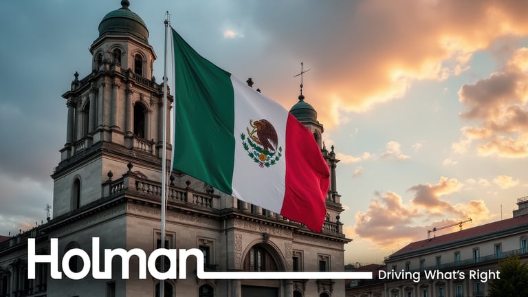 Mexican flag in front of building