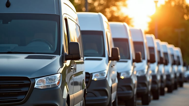 Row of parked delivery vans at sunset