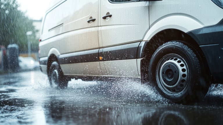 Van driving through heavy rain
