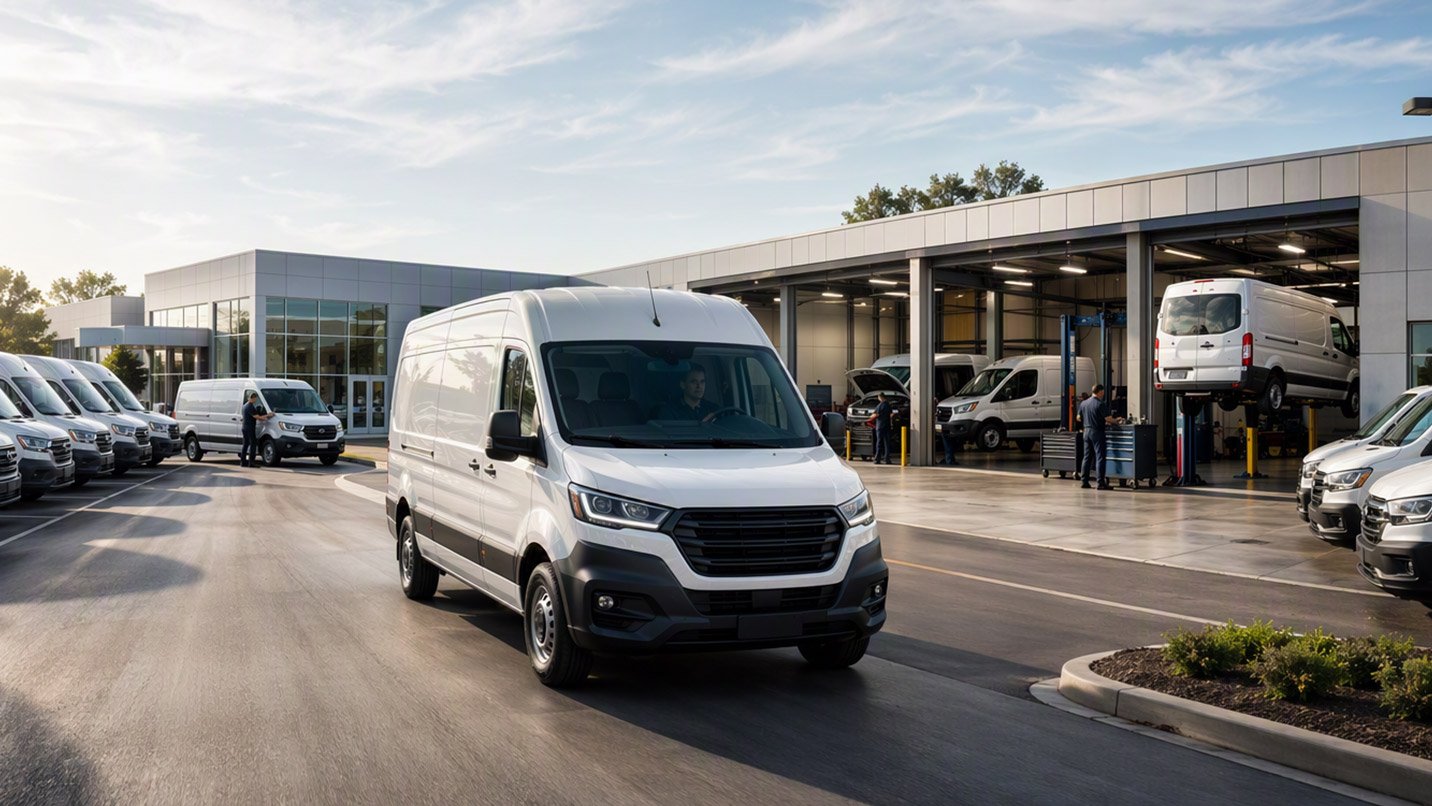 White van at vehicle service center.